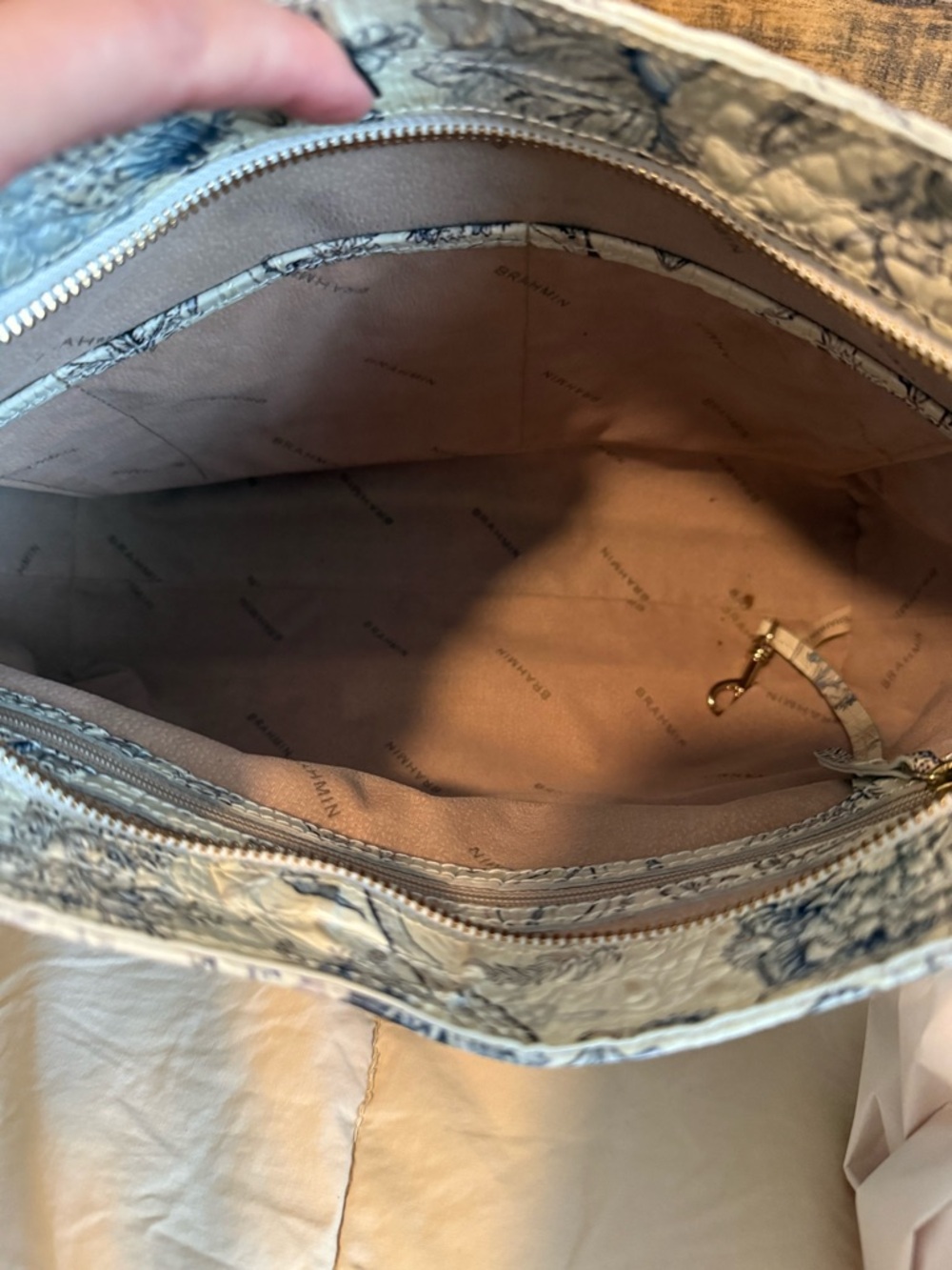 Brahmin Cream and Blue Floral Embossed Shoulder Bag - Picture 8 of 14